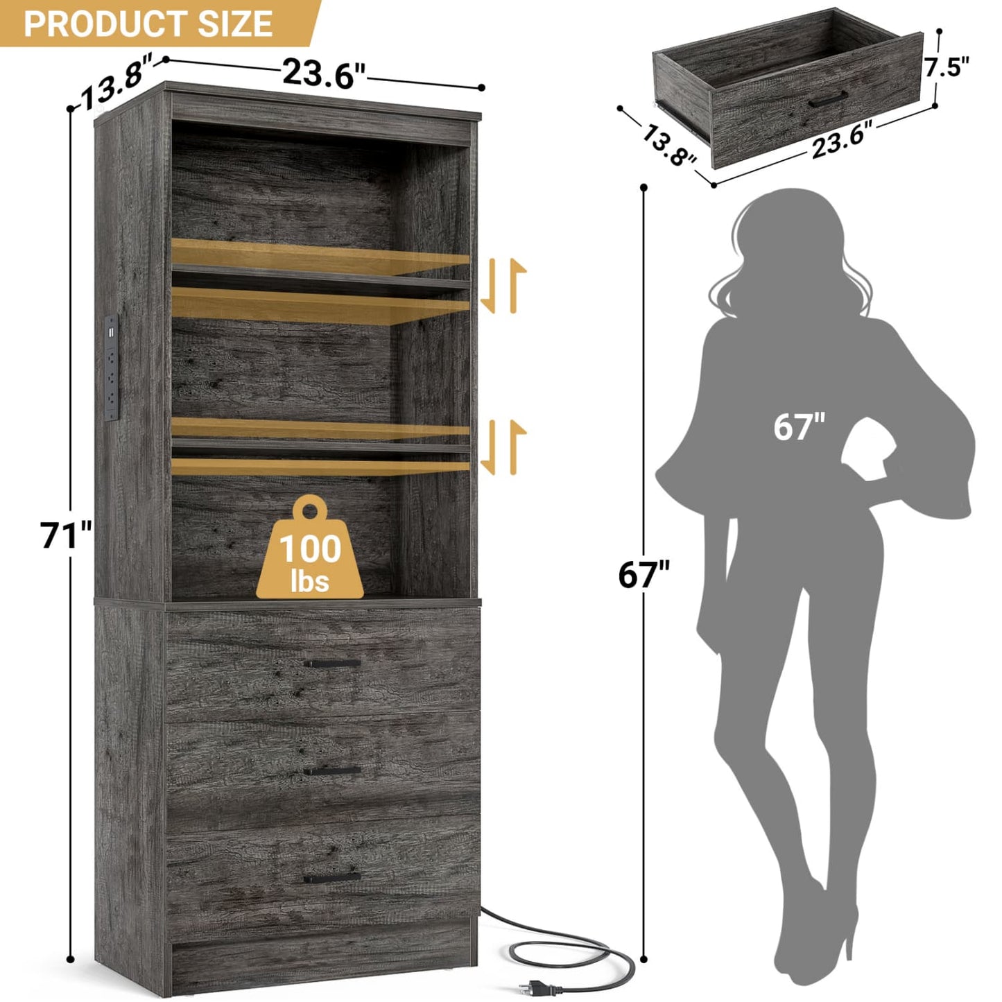 Bookcase with Charging Station, Storage Bookshelves with Wood Drawers