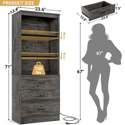 Bookcase with Charging Station, Storage Bookshelves with Wood Drawers