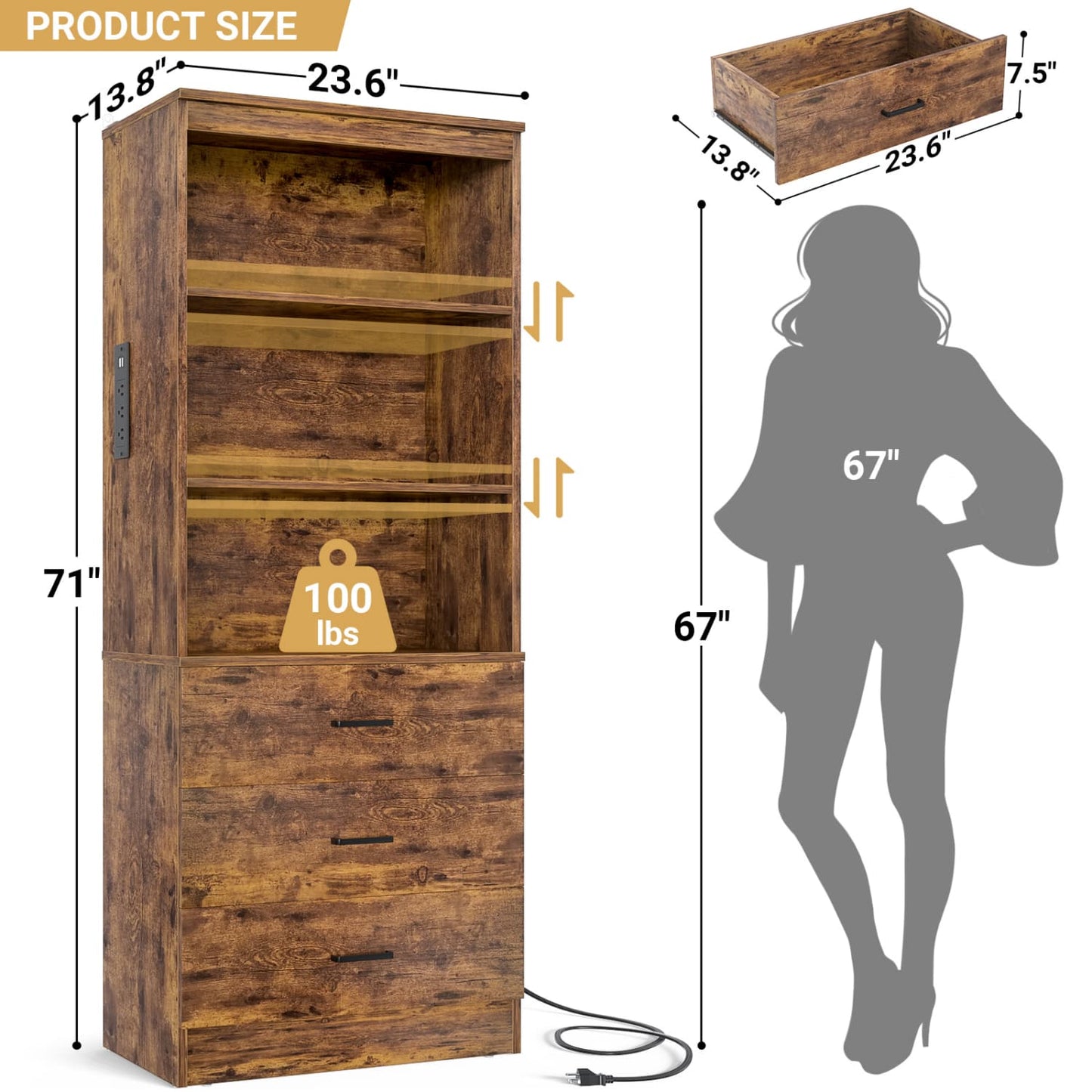 Bookcase with Charging Station, Storage Bookshelves with Wood Drawers