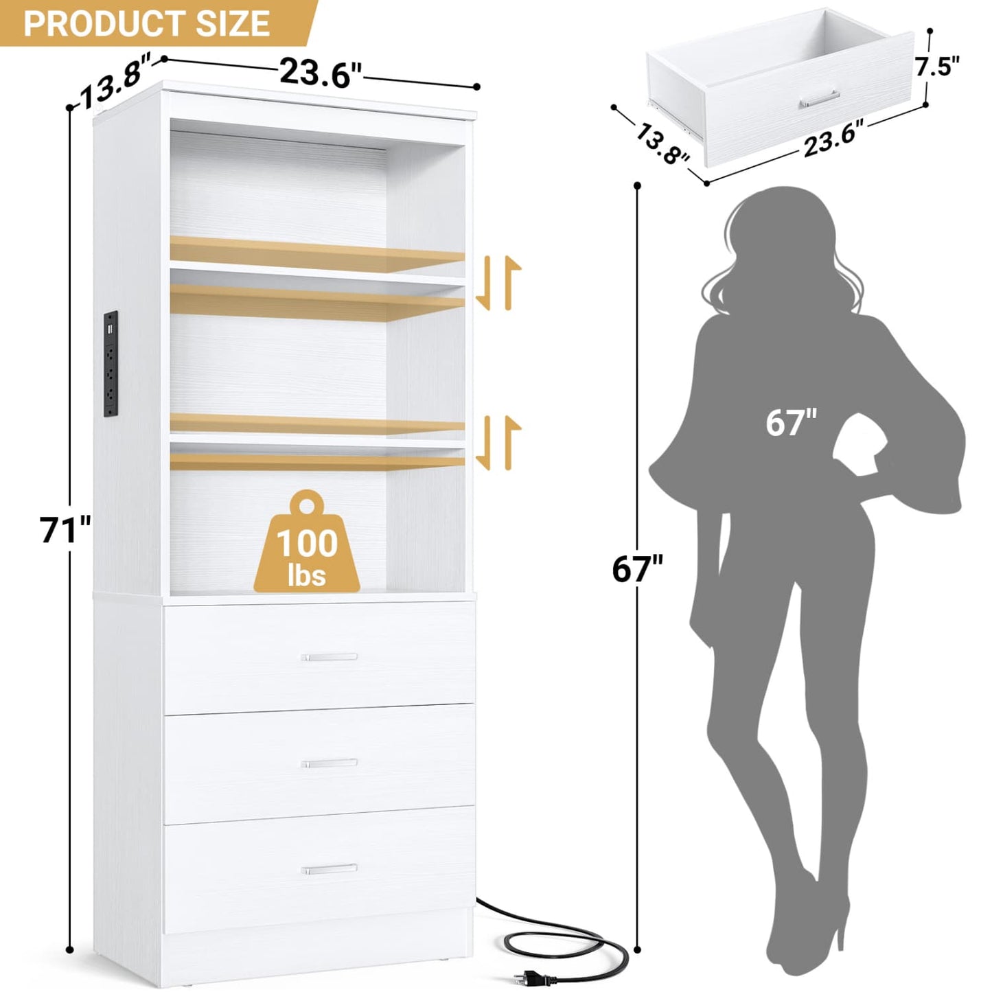 Bookcase with Charging Station, Storage Bookshelves with Wood Drawers