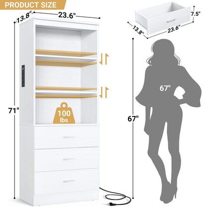 Bookcase with Charging Station, Storage Bookshelves with Wood Drawers