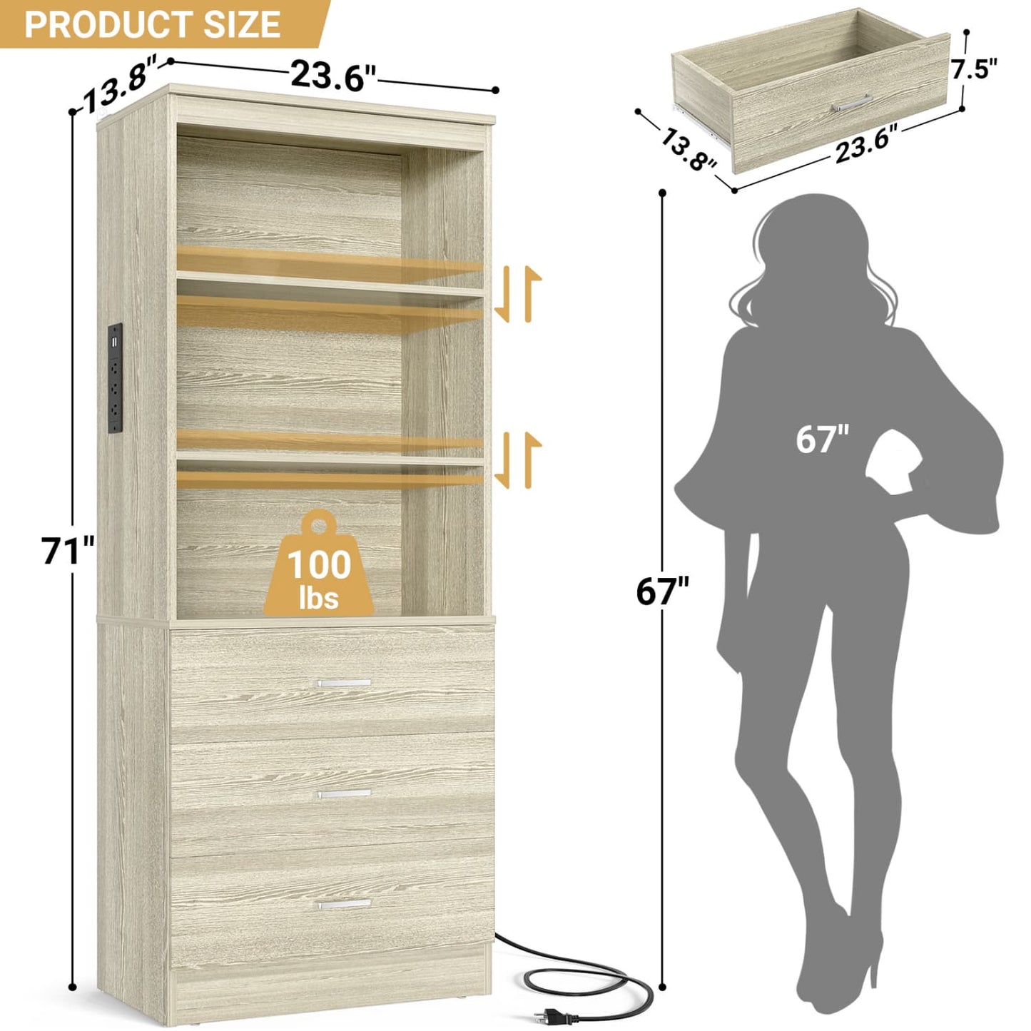 Bookcase with Charging Station, Storage Bookshelves with Wood Drawers