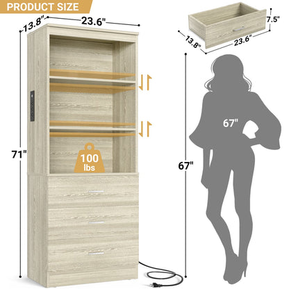 Bookcase with Charging Station, Storage Bookshelves with Wood Drawers