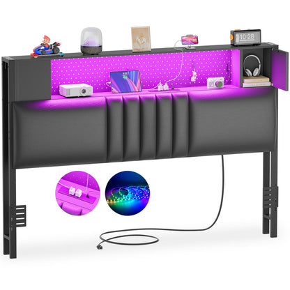 Storage Headboard with Charging Station and LED Light