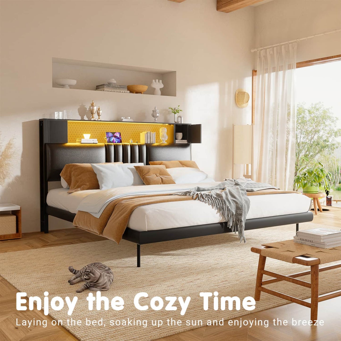 Storage Headboard with Charging Station and LED Light