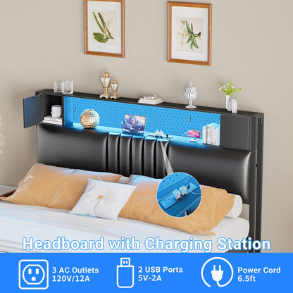 Storage Headboard with Charging Station and LED Light