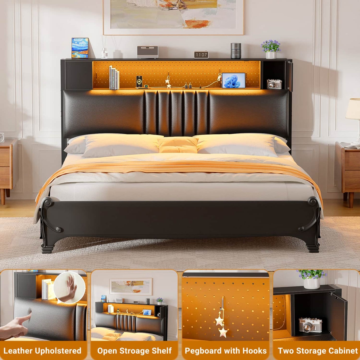 Storage Headboard with Charging Station and LED Light