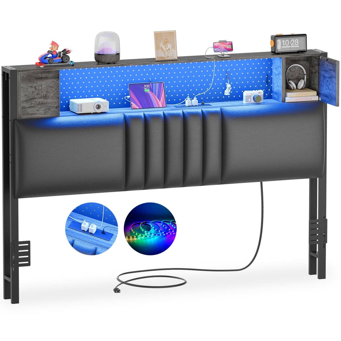 Storage Headboard with Charging Station and LED Light