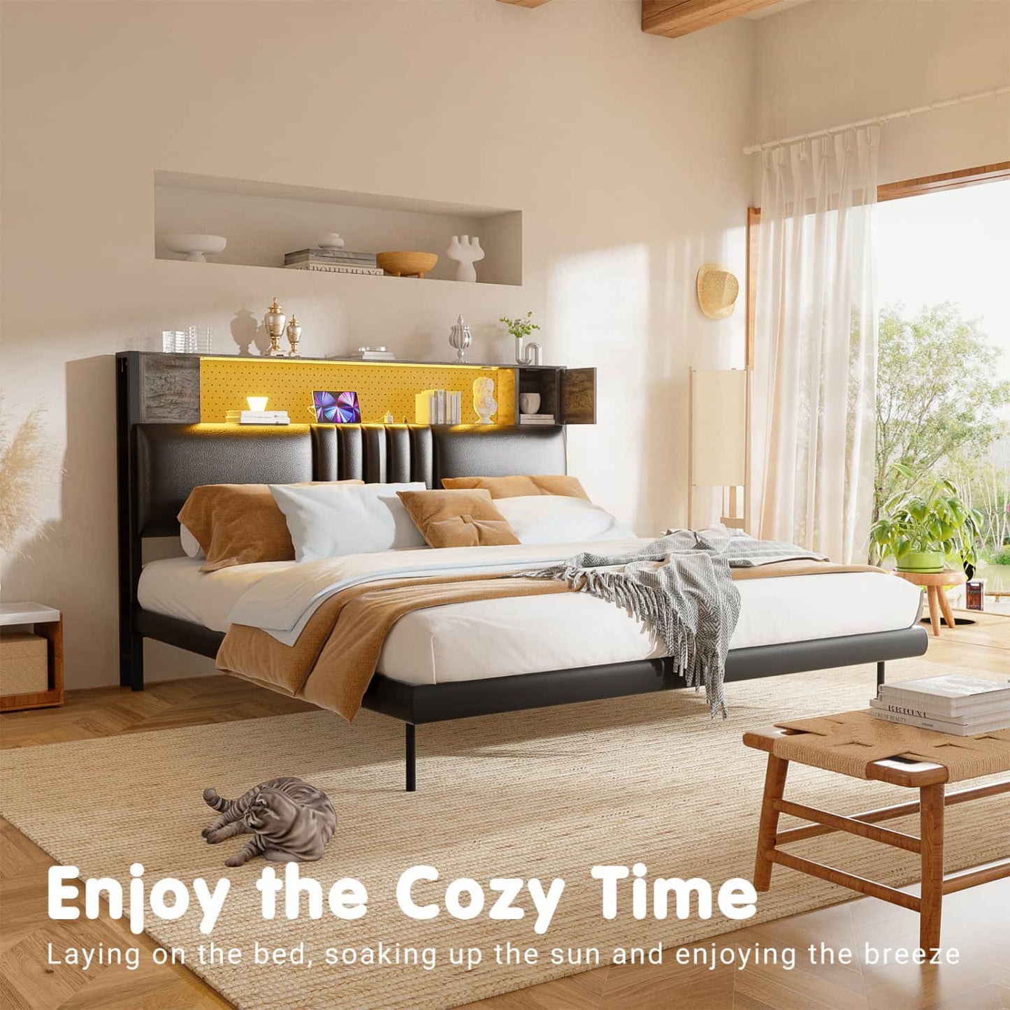 Storage Headboard with Charging Station and LED Light