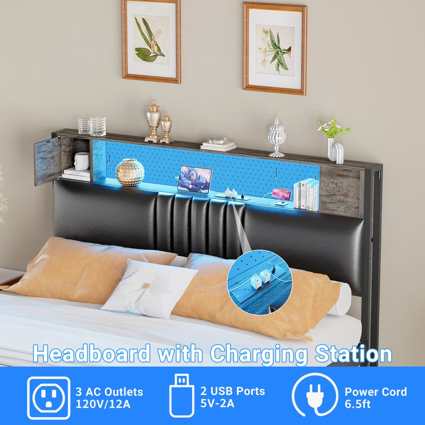 Storage Headboard with Charging Station and LED Light