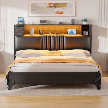 Storage Headboard with Charging Station and LED Light