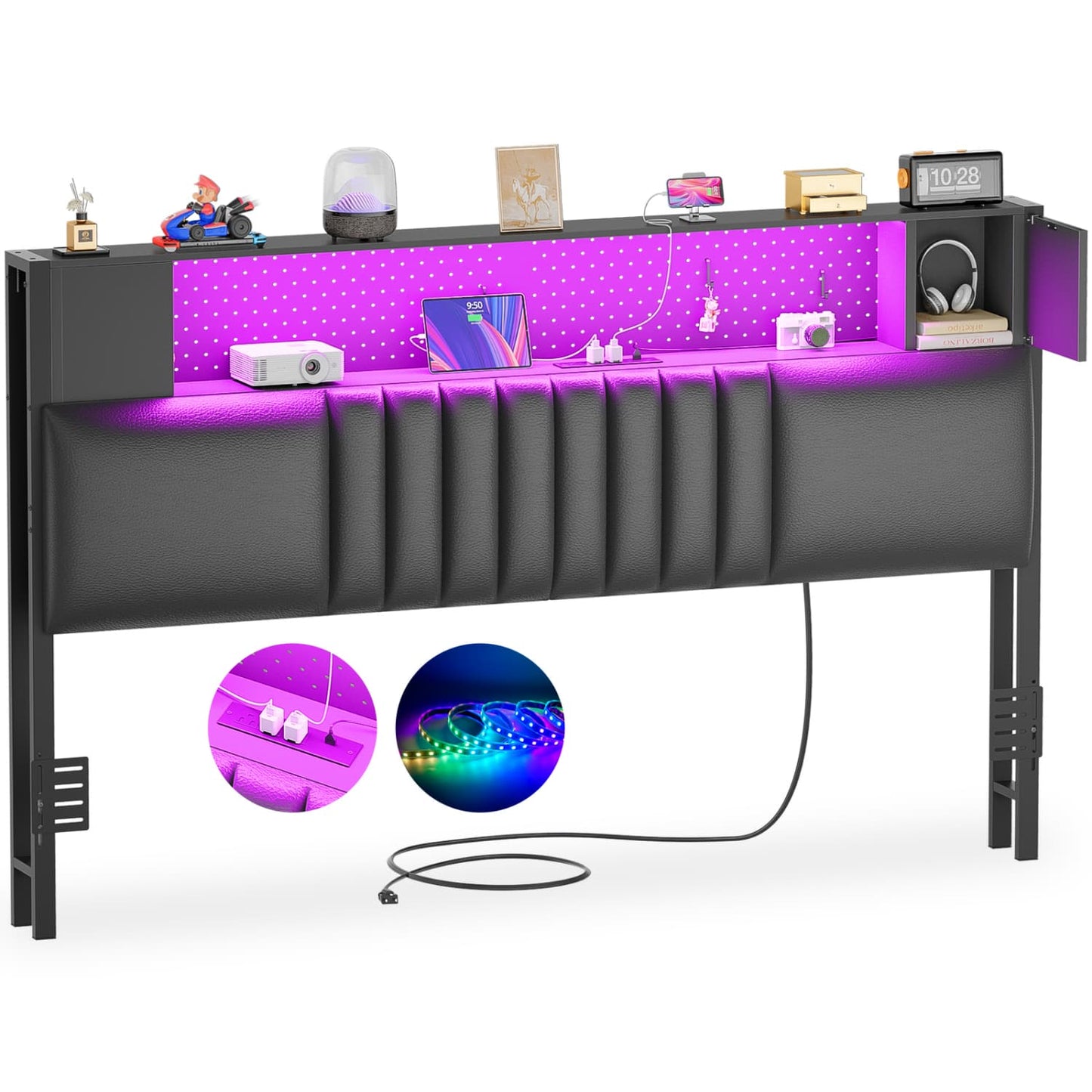 Storage Headboard with Charging Station and LED Light
