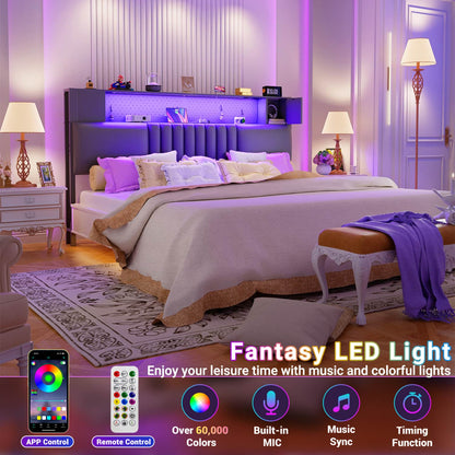 Storage Headboard with Charging Station and LED Light