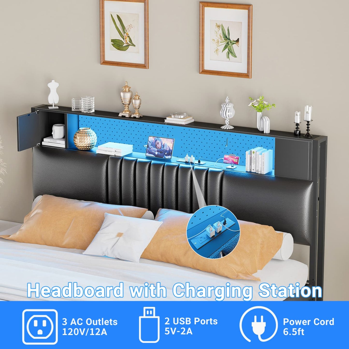 Storage Headboard with Charging Station and LED Light