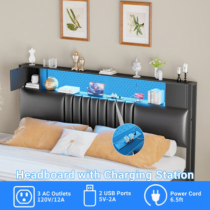 Storage Headboard with Charging Station and LED Light