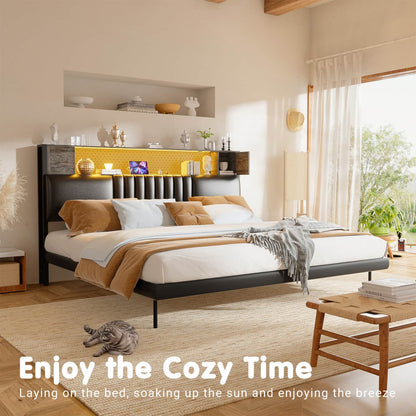 Storage Headboard with Charging Station and LED Light