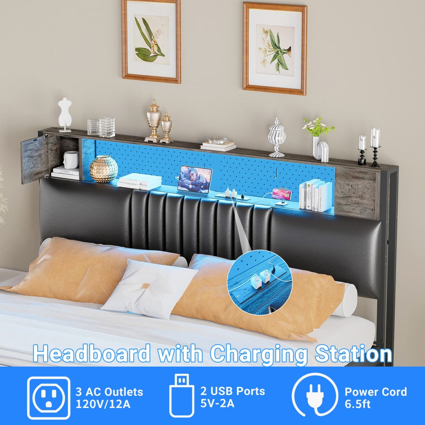 Storage Headboard with Charging Station and LED Light