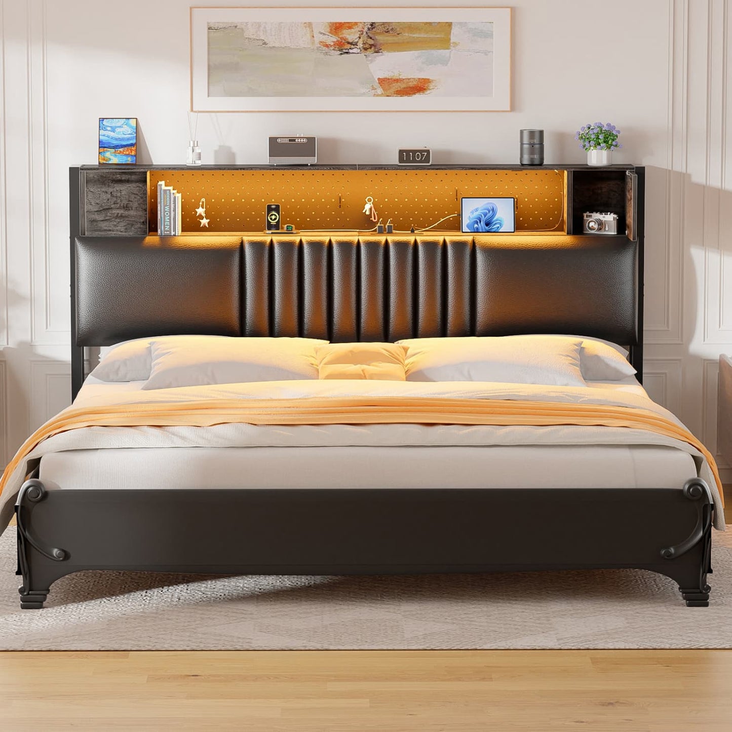 Storage Headboard with Charging Station and LED Light