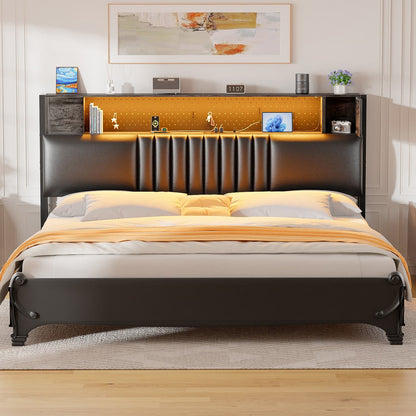 Storage Headboard with Charging Station and LED Light