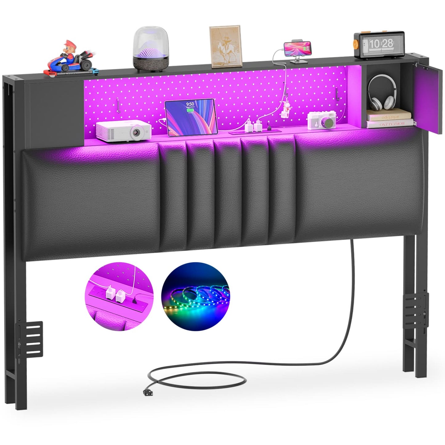 Storage Headboard with Charging Station and LED Light