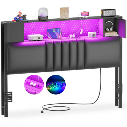 Storage Headboard with Charging Station and LED Light