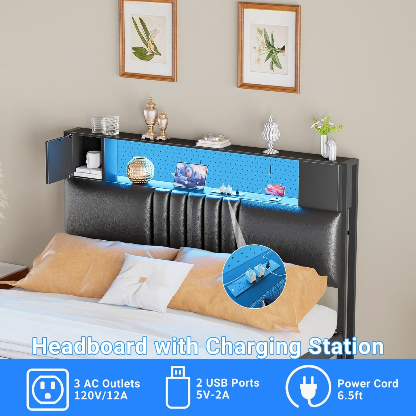 Storage Headboard with Charging Station and LED Light