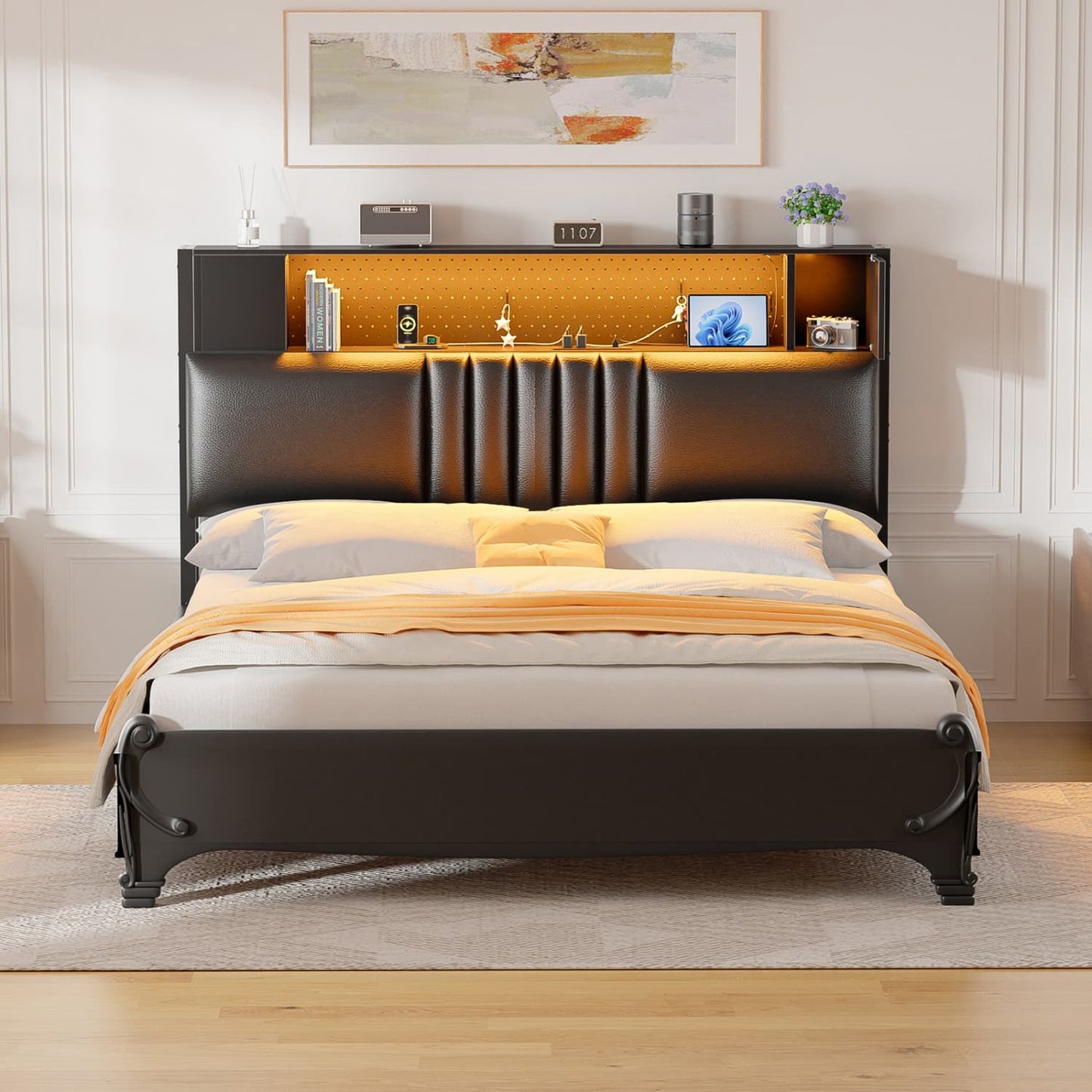 Storage Headboard with Charging Station and LED Light