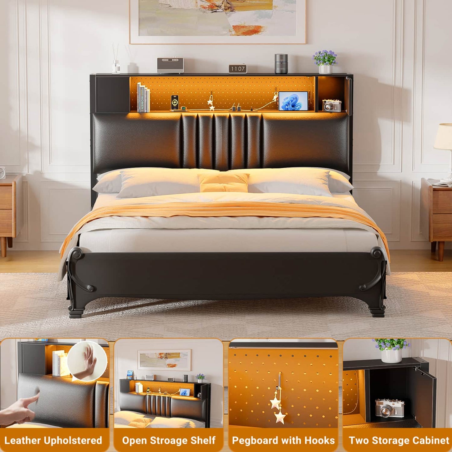 Storage Headboard with Charging Station and LED Light