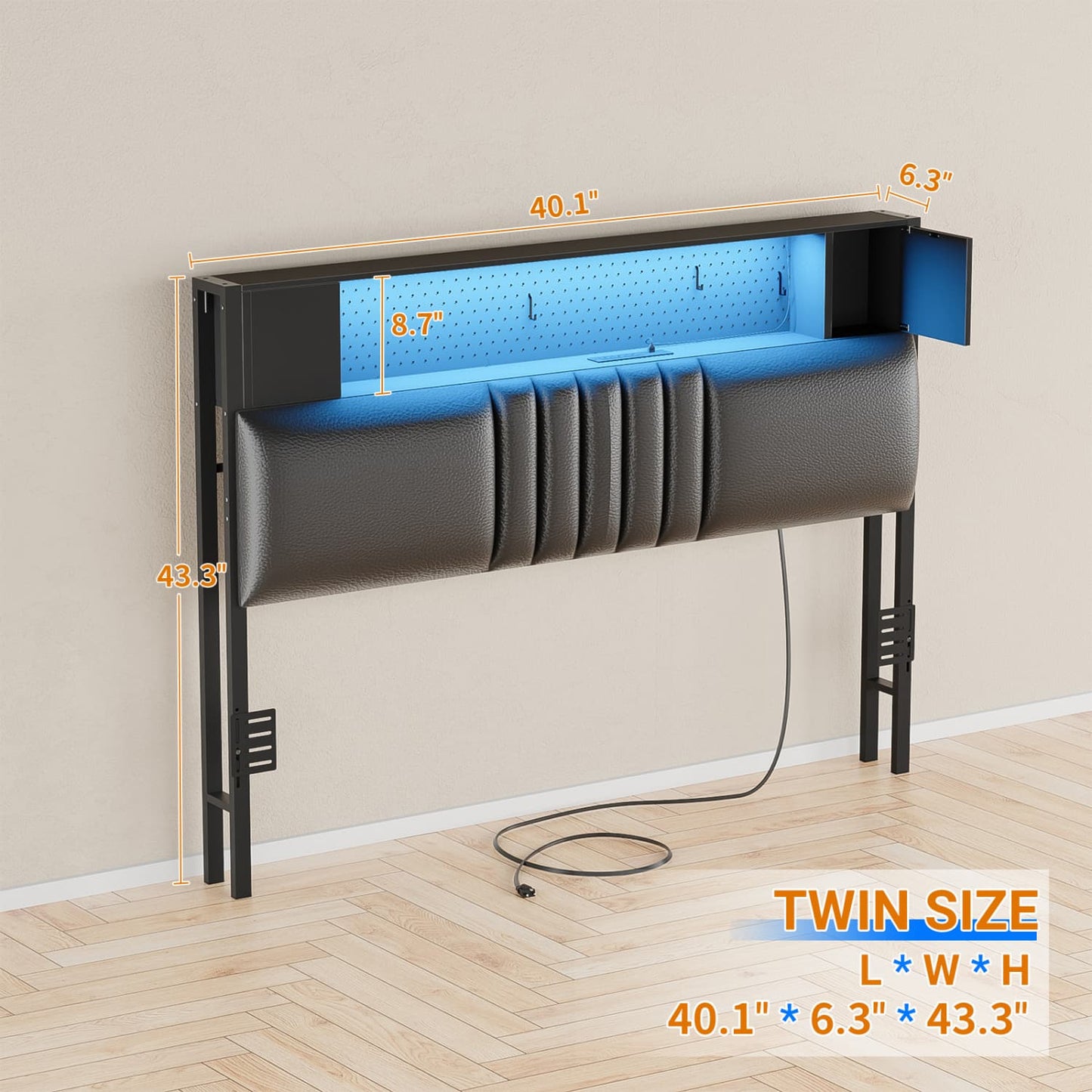 Storage Headboard with Charging Station and LED Light