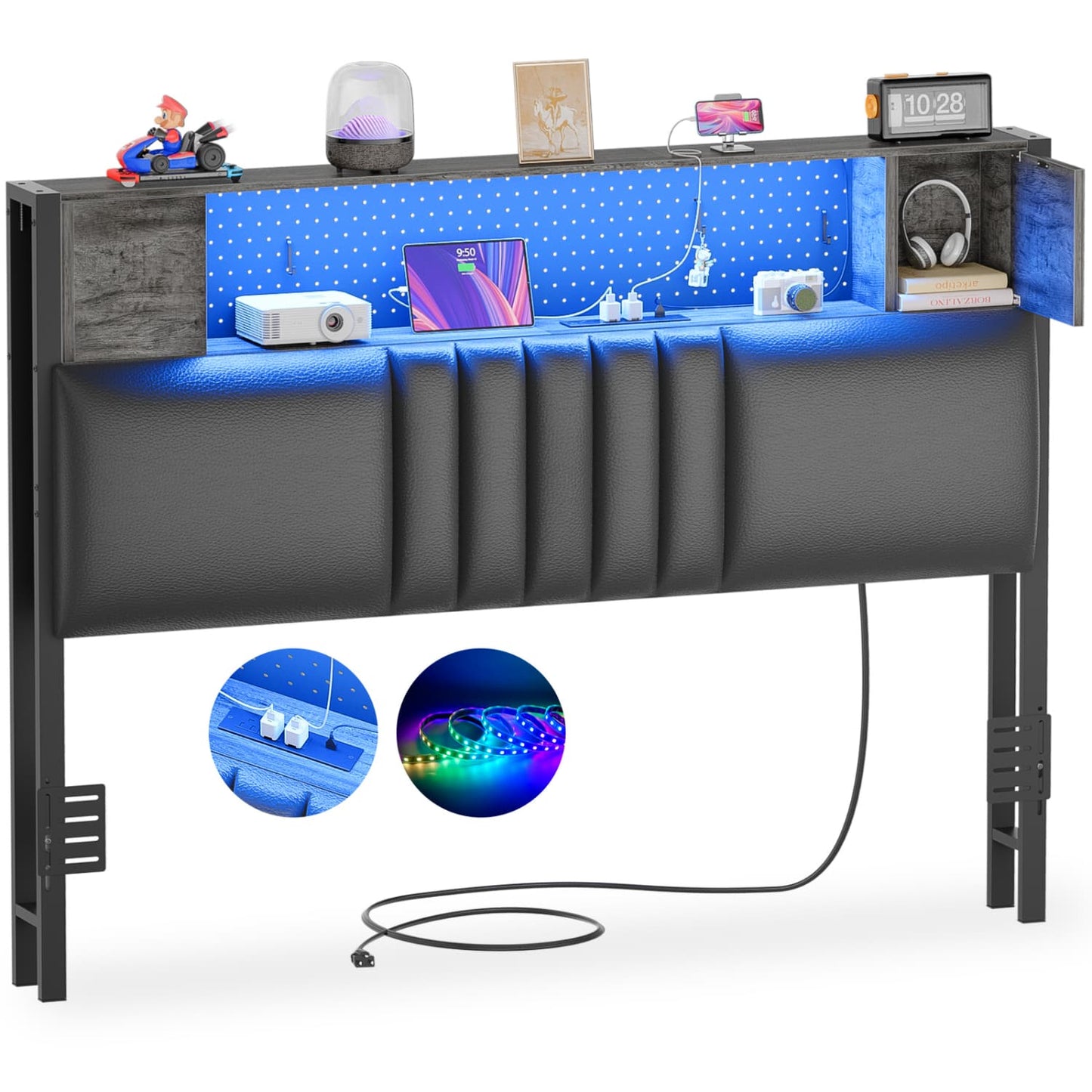 Storage Headboard with Charging Station and LED Light