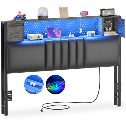Storage Headboard with Charging Station and LED Light