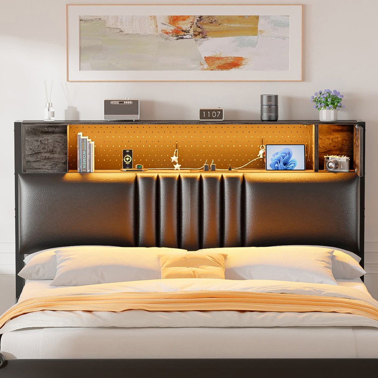 Storage Headboard with Charging Station and LED Light