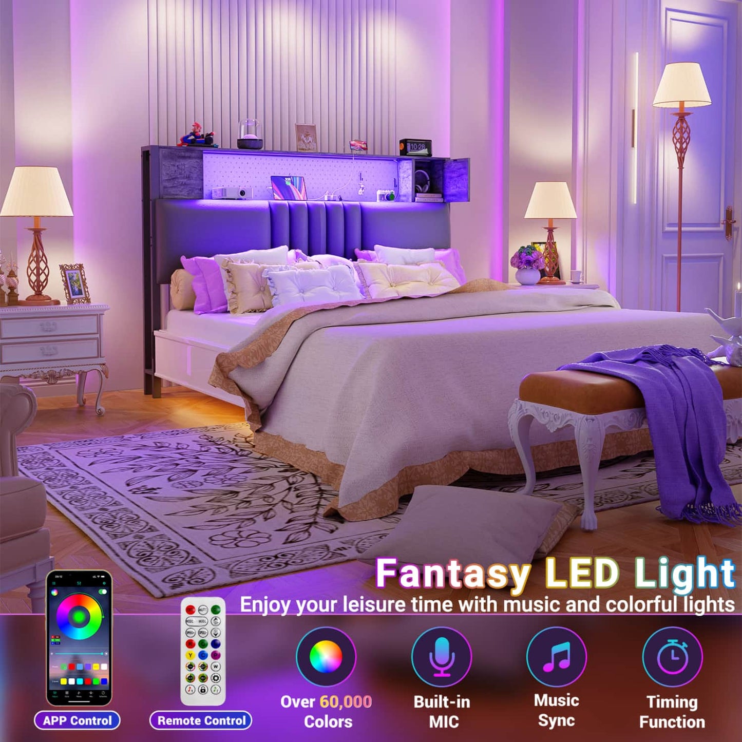 Storage Headboard with Charging Station and LED Light