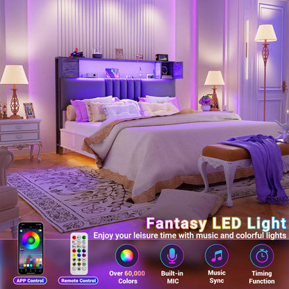 Storage Headboard with Charging Station and LED Light