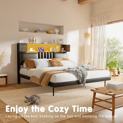 Storage Headboard with Charging Station and LED Light