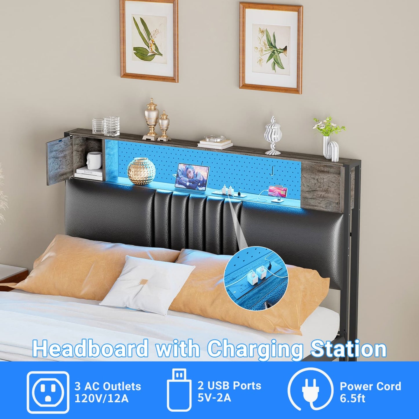 Storage Headboard with Charging Station and LED Light