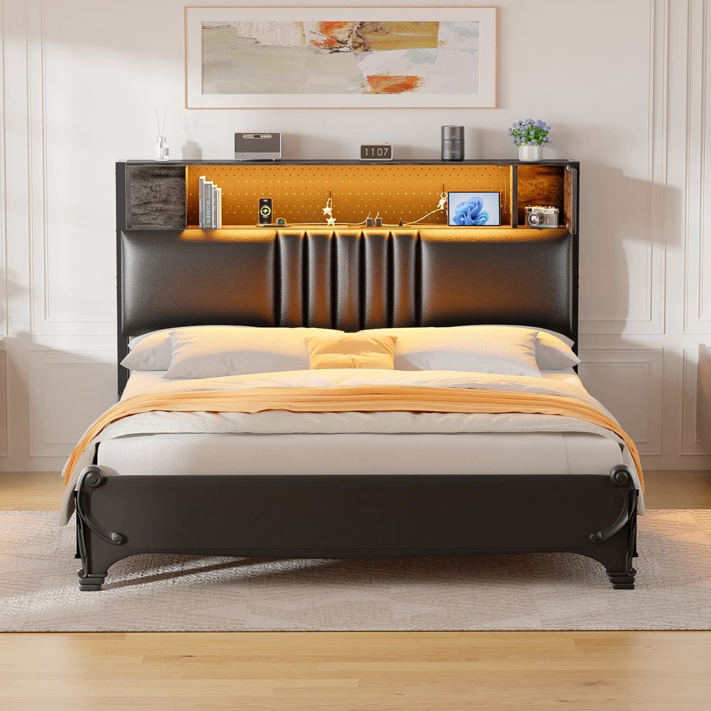 Storage Headboard with Charging Station and LED Light