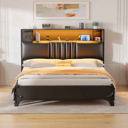 Storage Headboard with Charging Station and LED Light