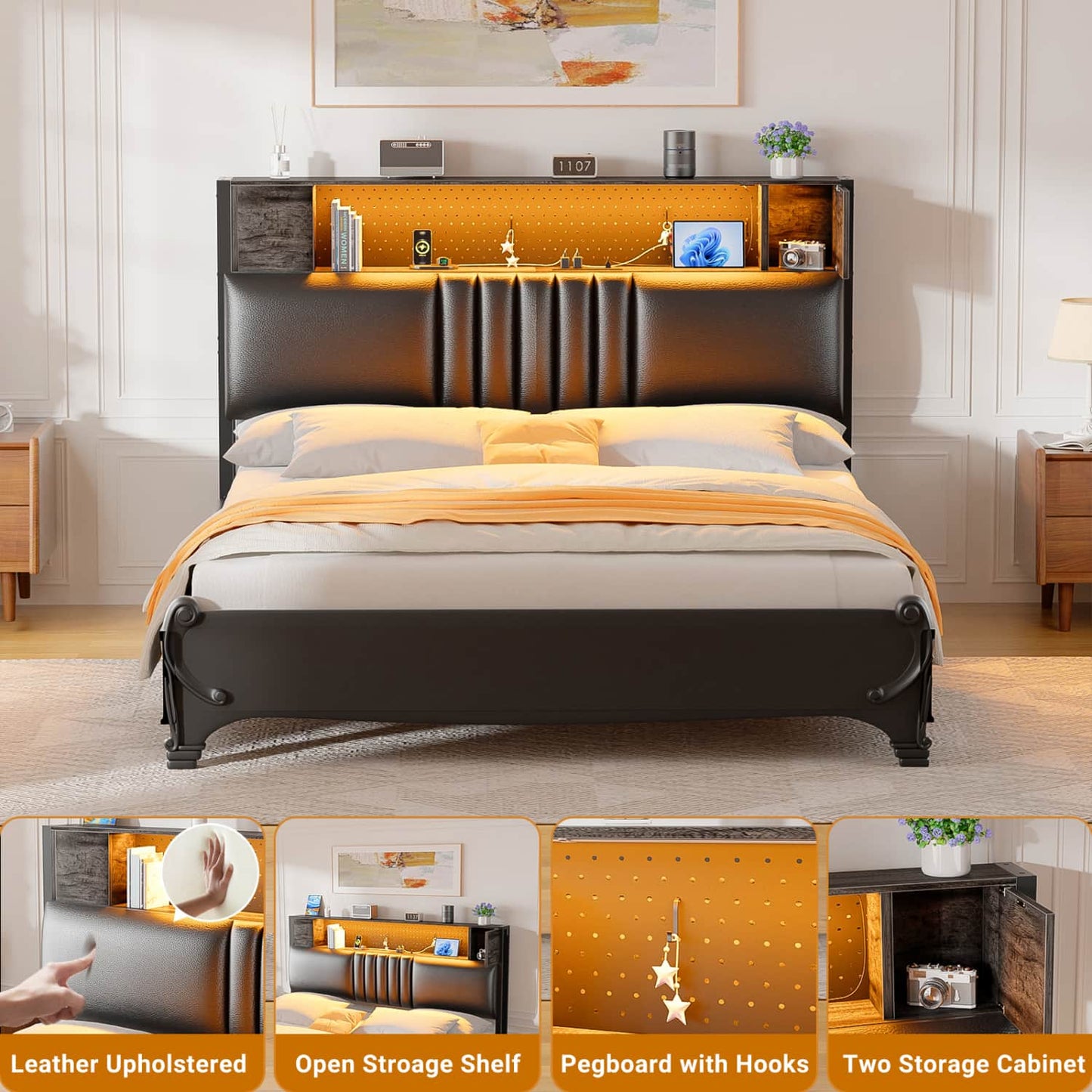 Storage Headboard with Charging Station and LED Light