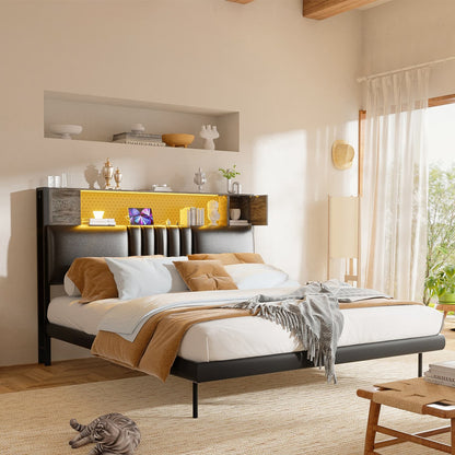 Storage Headboard with Charging Station and LED Light