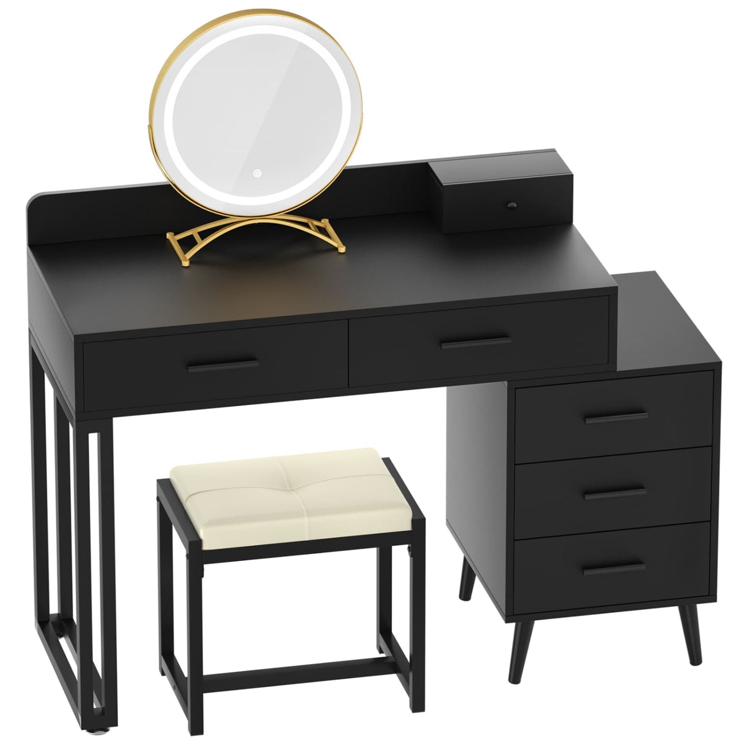 Vanity Desk with Soft Stool and LED Mirror ,Makeup Table with Wood Drawers