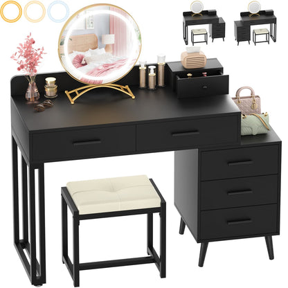 Vanity Desk with Soft Stool and LED Mirror ,Makeup Table with Wood Drawers