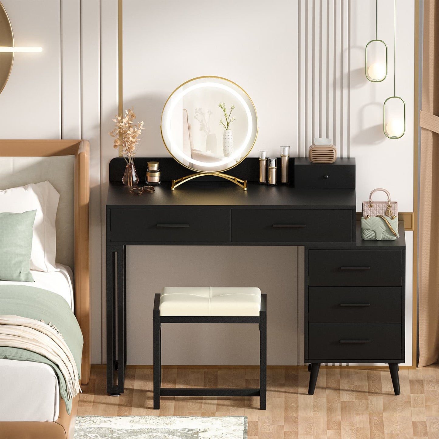 Vanity Desk with Soft Stool and LED Mirror ,Makeup Table with Wood Drawers