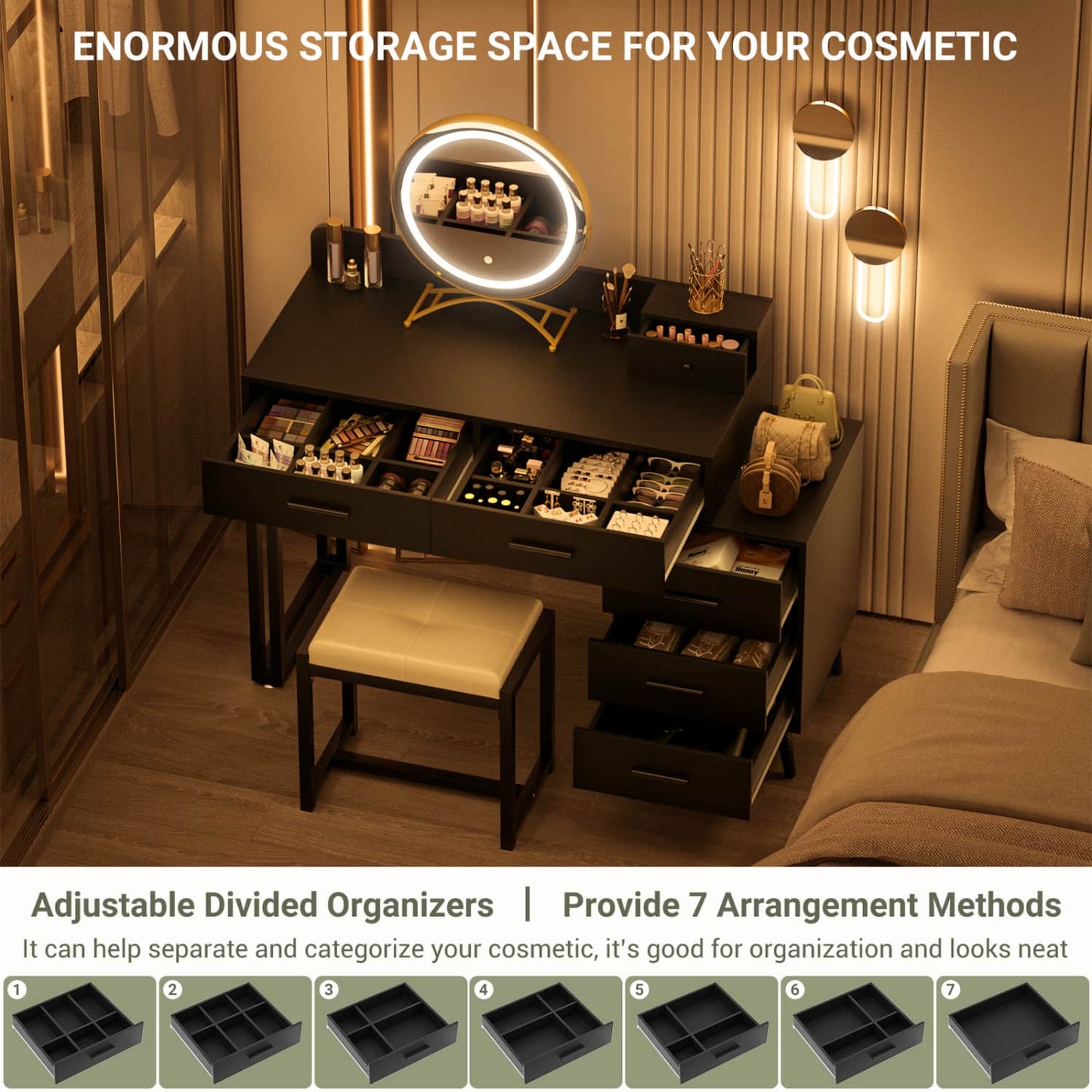 Vanity Desk with Soft Stool and LED Mirror ,Makeup Table with Wood Drawers