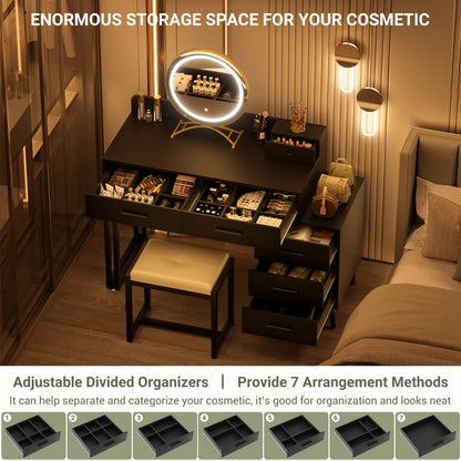 Vanity Desk with Soft Stool and LED Mirror ,Makeup Table with Wood Drawers