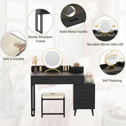 Vanity Desk with Soft Stool and LED Mirror ,Makeup Table with Wood Drawers
