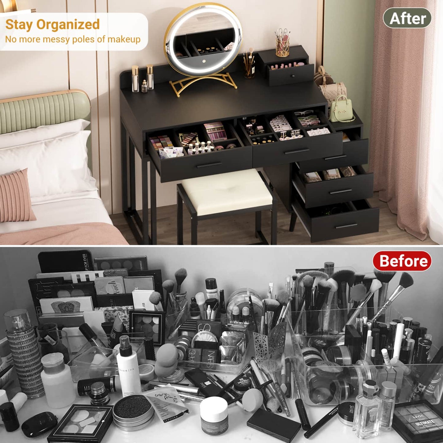 Vanity Desk with Soft Stool and LED Mirror ,Makeup Table with Wood Drawers