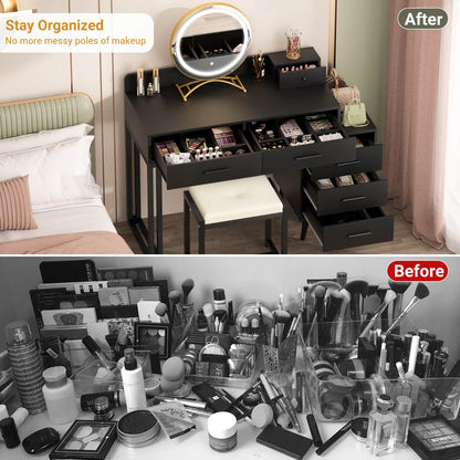 Vanity Desk with Soft Stool and LED Mirror ,Makeup Table with Wood Drawers