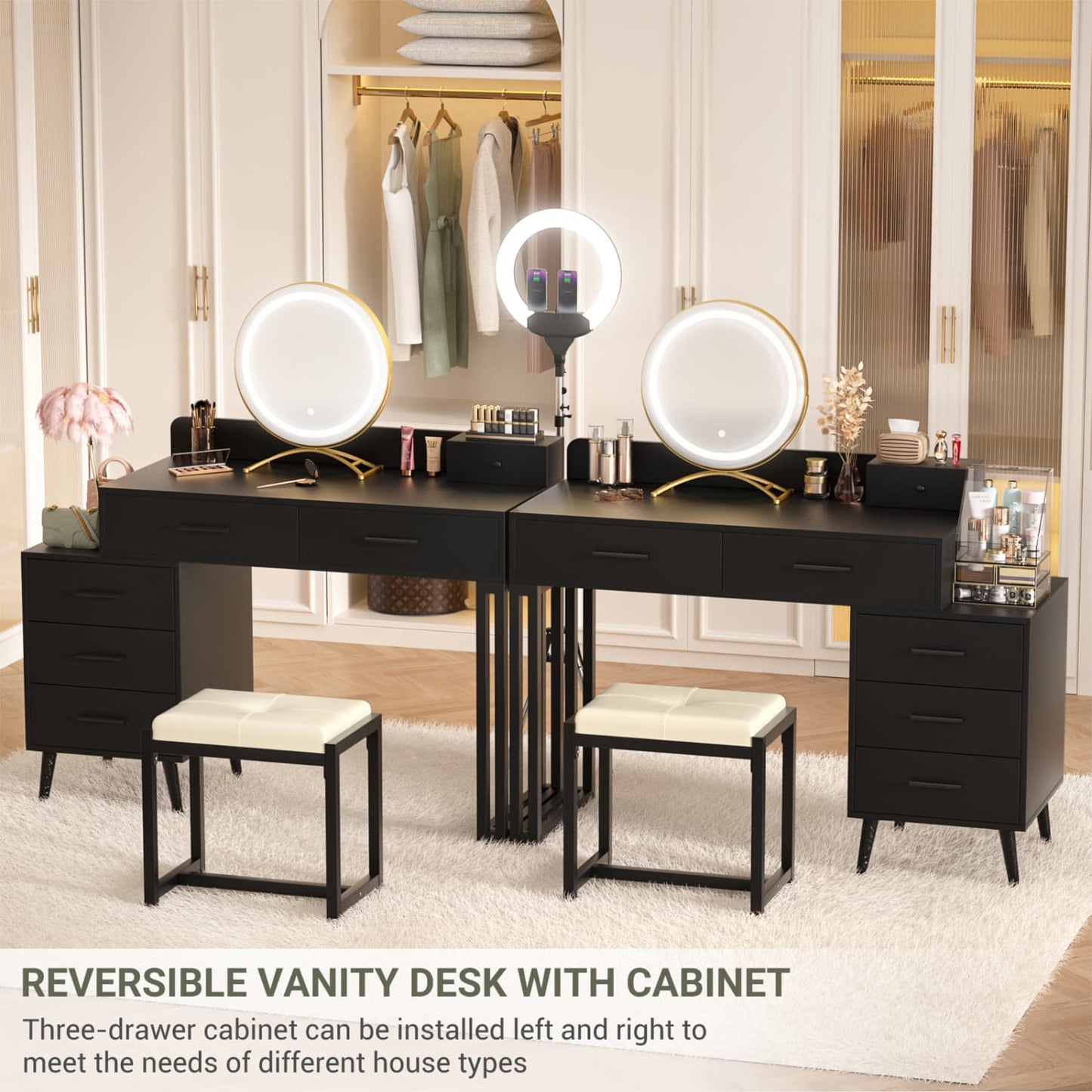 Vanity Desk with Soft Stool and LED Mirror ,Makeup Table with Wood Drawers