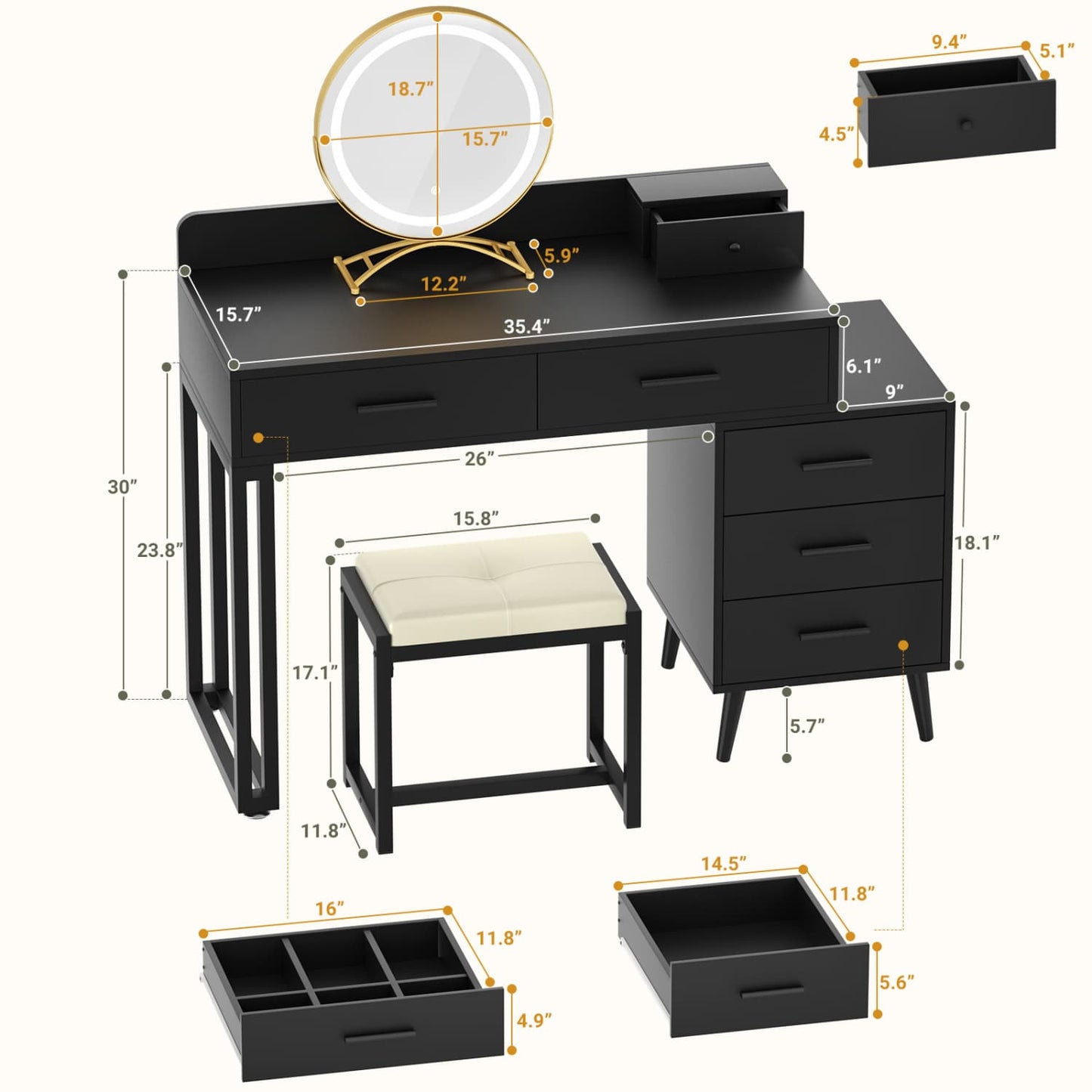 Vanity Desk with Soft Stool and LED Mirror ,Makeup Table with Wood Drawers